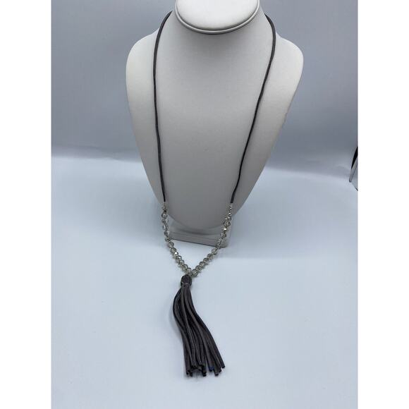 You and I Suede Tassel necklace Gray Crystal Long Necklace 32" + 4.5" - Picture 2 of 9